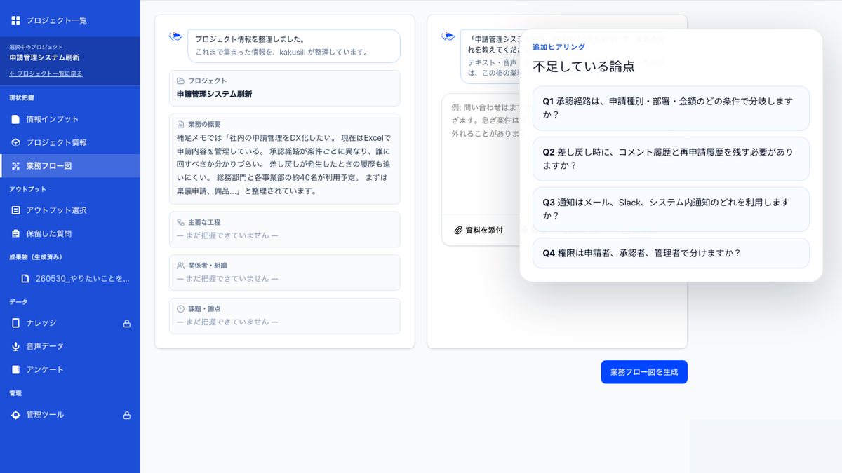 AIが不足している論点を追加ヒアリングしているKakusill画面