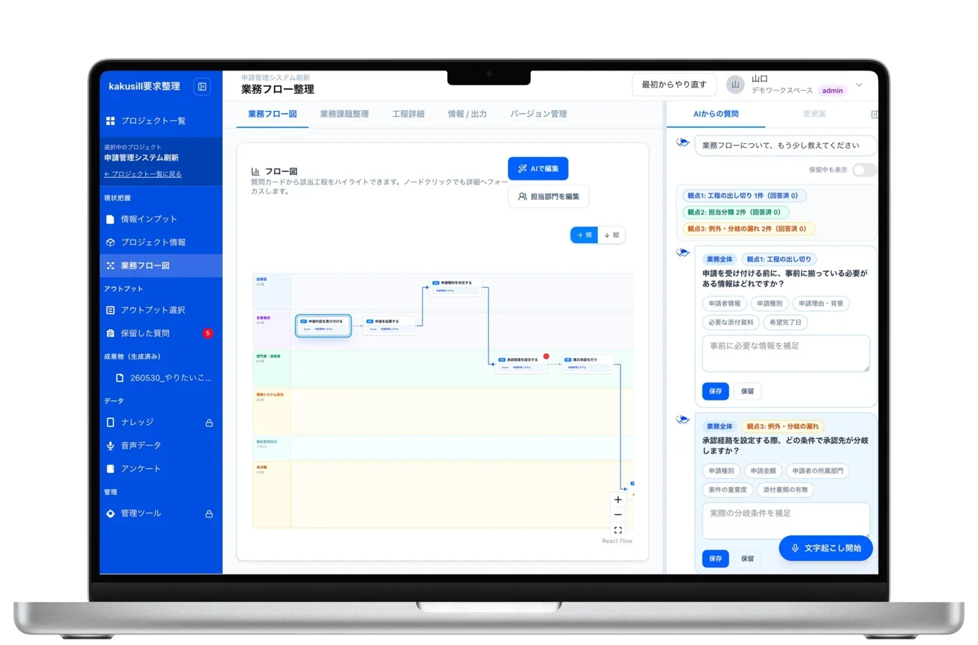 業務フロー図とAIからの質問を表示するKakusill要求整理の画面